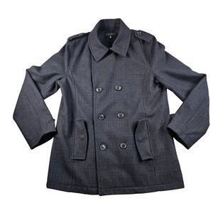 TWENTYONE MEN Double Breasted Wool Blend Peacoat Men Large Charcoal Herringbone